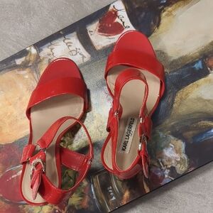 Karl Lagerfeld Red Patent Leather Ankle Strap Heels